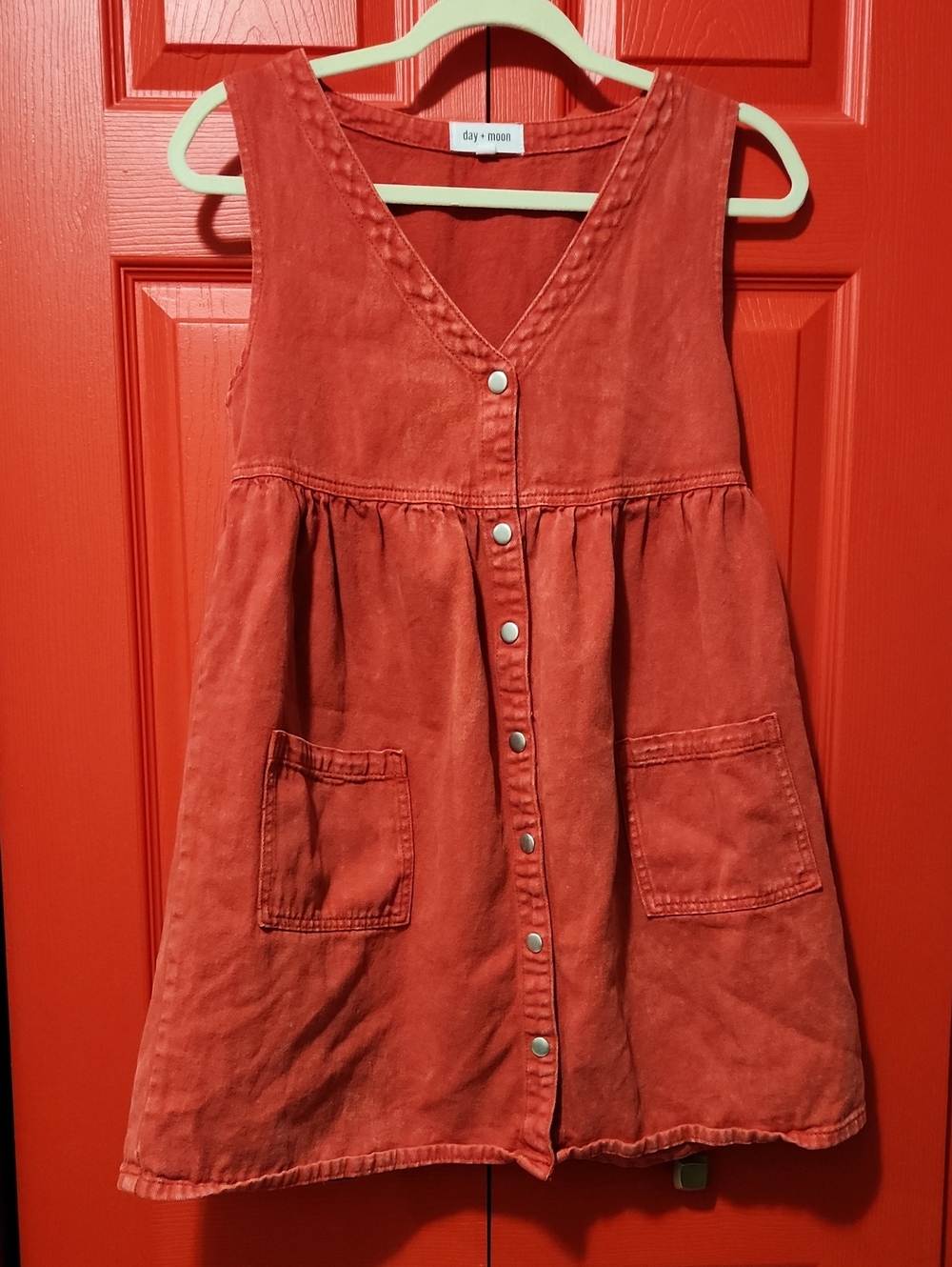 Sz M day + moon Red Button-Front Denim Mini Dress